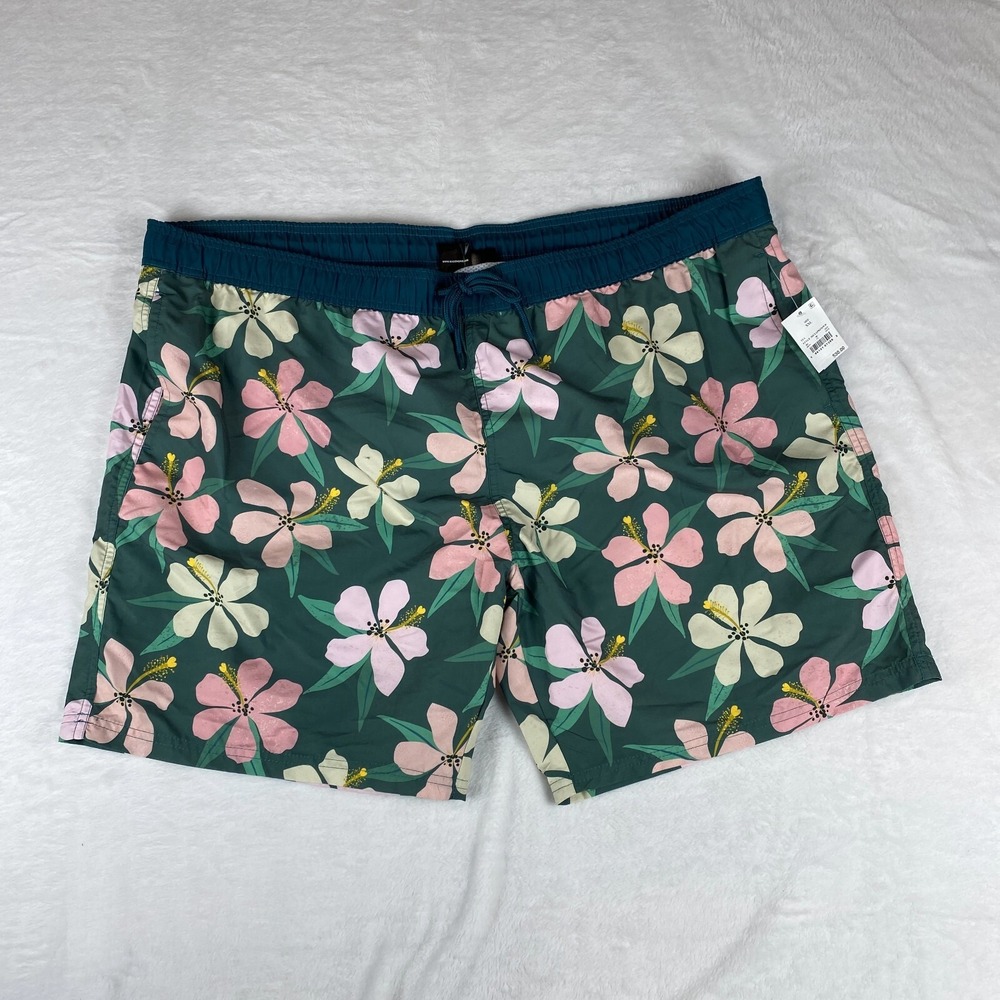 Mad Engine Swim Shorts Men's 2XL Green Floral Comfort Elastic‎ Waist Drawstring